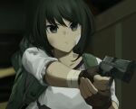  1girl bandage_on_face bandages bangs black_eyes black_hair blurry blurry_background close-up dimension_traveler_catherine expressionless fingerless_gloves gloves guardian_tales gun highres holding holding_gun holding_weapon mk87 ponytail shirt solo weapon white_shirt 