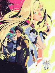  1boy 2girls amuro_ray aqua_hair artist_name black_hair black_jacket black_shoes black_skirt blonde_hair blue_eyes closed_mouth commentary_request cosmetics cow earth_(planet) floating furrowed_brow gigi_andalusia green_eyes gundam gundam:_hathaway's_flash hair_ribbon hathaway_noa highres holding holding_lipstick_tube jacket jacoline lipstick_tube long_hair mecha mecha_pilot_suit mobile_suit multiple_girls nail_polish normal_suit_(gundam) pink_lips pink_nails planet quess_paraya red_ribbon ribbon robot shoes short_hair skirt smile socks twintails twitter_username v-fin watermark white_jacket white_socks xi_gundam 