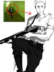  1boy 2018 adam's_apple arrow_(symbol) bad_source bare_arms belt closed_mouth clothes_writing commentary dated empty_eyes english_commentary feet_out_of_frame fingerless_gloves frown gloves greyscale gun hair_behind_ear highres holding holding_gun holding_weapon knee_up liesel_rosa looking_at_viewer male_focus meme mole mole_under_eye monochrome no_pupils pants photo_inset real_life red_arrow_and_circle_(meme) russian_text shirt shirt_tucked_in short_hair shotgun sideways_glance signature simple_background single_fingerless_glove single_glove solo spot_color t-shirt translation_request true_crime very_short_hair vladislav_roslyakov weapon white_background 
