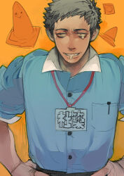  1boy collared_shirt commentary drooling hands_on_own_hips mouth_drool nijisanji shirt short_hair single_tear solo teeth traffic_cone umezawa_michiko virtual_youtuber yashiro_kizuku yashiro_kizuku_(1st_costume) 