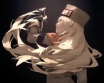  1girl black_background black_gloves blonde_hair blue_eyes brown_jacket copyright_request fingerless_gloves from_behind fur_hat gloves guilty_gear guilty_gear_strive hand_up hat jacket long_hair millia_rage parted_lips solo umber upper_body 
