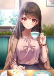  1girl amagi_shino artist_name bangs blouse blush bracelet brown_coat brown_eyes brown_hair cake character_request coat coat_on_shoulders coffee coffee_cup collarbone commentary_request copyright_request cup disposable_cup drinking earrings english_text eyelashes food glint hand_up happy highres holding holding_cup indoors jewelry long_sleeves looking_at_viewer medium_hair necklace pink_shirt plate sample_watermark saucer shirt signature sitting smile solo teaspoon watch watch 
