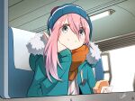  1girl beanie hat head_rest highres jacket kagamihara_nadeshiko pink_hair smile solo yasu_(pixiv) yurucamp 