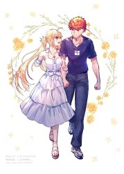  1boy 1girl absurdres artoria_caster_(fate) artoria_caster_(over_the_same_sky)_(fate) artoria_pendragon_(fate) blonde_hair chaldea_logo commentary dress emiya_shirou fate/grand_order fate_(series) highres holding_hands long_hair messy_hair red_hair senji_muramasa_(fate) senji_muramasa_(trajectory_of_fate)_(fate) shirt spiky_hair t-shirt yamano_udumi 