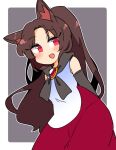  1girl adapted_costume animal_ears blush brown_hair dress fang imaizumi_kagerou ini_(inunabe00) long_hair open_mouth red_dress red_eyes skin_fang smile solo touhou upper_body white_dress wolf_ears 
