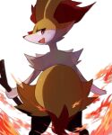  animal_ear_fluff animal_ears animal_nose arms_at_sides black_fur blurry braixen depth_of_field fang feet_out_of_frame fire fox_ears fox_tail from_behind furry highres holding holding_stick kou11021301 looking_at_viewer looking_back multicolored_fur open_mouth pokemon red_eyes red_fur red_nose skin_fang slit_pupils smile solo stick symbol-only_commentary tail tsurime white_background white_fur yellow_fur 