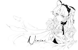  1girl absurdres ahoge artist_name bouquet carlotta_(wuthering_waves) chinese_commentary choker closed_mouth commentary_request flower flower_hairband frilled_choker frills greyscale hairband highres holding holding_bouquet jewelry lineart looking_at_viewer monochrome nini_iin parted_bangs ring simple_background smile solo upper_body white_background wuthering_waves 