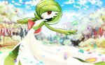  1other :d bench brown_eyes bush clouds commentary_request day gardevoir grass green_hair open_mouth outdoors petals pokemon pokemon_(creature) sagemaru-br sky smile solo tree 