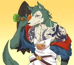  1boy beastars chest_tattoo cosplay deer furry furry_male fusion holding holding_skateboard joe_(sk8) joe_(sk8)_(cosplay) karina_farek legoshi louis_(beastars) scar scar_across_eye scar_on_face sk8_the_infinity skateboard smile solo tattoo voice_actor_connection wolf 