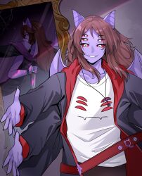  1girl animal_ears arthropod_girl bat_boy bat_ears blood broken_mirror brown_hair colored_sclera colored_skin dante_will dante_will_(bat) dante_will_(spider) extra_arms extra_eyes fingernails holding holding_behind_back holding_knife holding_knife_behind_back jacket knife long_hair mirror monster_girl neobaka o_guardiao_da_yggdrasil pink_blood purple_skin red_sclera second-party_source sharp_fingernails shirt smile spider_girl spider_hair_ornament spikes virtual_youtuber wings yaya_chan 