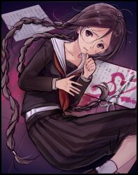  1girl blood braid closed_mouth collarbone curled_up danganronpa:_trigger_happy_havoc danganronpa_(series) faux_retro_artstyle fukawa_toko furrowed_brow highres long_skirt long_sleeves lying messy_hair neckerchief no_sclera on_floor on_side paper pink_blood purple_background purple_hair purple_serafuku red_neckerchief sailor_collar scared school_uniform scissors serafuku skirt solo sweat thumb_to_mouth tile_floor tiles twin_braids violet_eyes white_sailor_collar zalupk228 