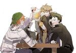  1girl 4boys ahoge alcohol annie_(saibou_shinkyoku) bandana beer belt black_jacket black_pants black_sweater blonde_hair blue_pants bottle brown_hair chikkong closed_eyes closed_mouth commentary_request cup dreyfus_zweig drinking_glass green_bandana green_hair grey_jacket harada_minoru high_collar isoi_reiji jacket korean_commentary long_hair multiple_boys open_mouth pants saibou_shinkyoku shirt short_hair sitting sketch smile suit_jacket sweat sweater table theodore_riddle turtleneck turtleneck_sweater white_background white_shirt wine wine_bottle wine_glass yellow_sweater 