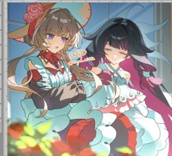  2girls art_program_in_frame bare_shoulders black_collar black_hair black_sleeves blue_eyes blush breasts brown_hair closed_eyes closed_mouth collar columbina_(genshin_impact) crescent crossed_arms detached_collar detached_sleeves dress eye_mask flower genshin_impact gloves gradient_hair hair_ornament hat hat_flower head_wings highres long_hair long_sidelocks long_sleeves mask mochimiya_(coyo) multicolored_hair multiple_girls multiple_wings open_mouth purple_hair purple_streaks red_flower ribbon sandrone_(genshin_impact) see-through_clothes see-through_mask short_hair short_hair_with_long_locks sidelocks smile streaked_hair unfinished very_long_hair white_dress white_mask white_wings winding_key wing_hair_ornament wings x-shaped_eyewear 