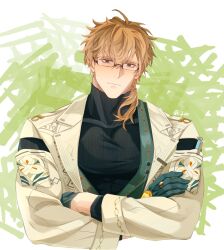  1boy 3195417252aniki bags_under_eyes black_gloves blonde_hair brown_eyes coat commentary_request covered_pectorals crossed_arms gem glasses gloves green_vest highres jewelry large_pectorals looking_at_viewer male_focus muscular muscular_male nu_carnival official_alternate_costume official_alternate_hairstyle orange_eyes pectorals pen ponytail quincy_(nu_carnival) quincy_(stream_of_being)_(nu_carnival) ring signature smile taut_clothes turtleneck upper_body vest watch watermark white_coat yellow_gem 