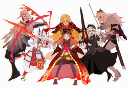  armor blonde_hair chacha_(fate) character_request commentary_request energy_bow_(weapon) fate/grand_order fate_(series) fire flaming_sword flaming_weapon full_body glowing_scar grey_eyes grey_hair holding holding_sword holding_weapon japanese_armor katana kriemhild_(fate) kuriimu0203 long_hair messy_hair open_mouth red_eyes samurai scabbard sheath shoulder_pads siegfried_(fate) simple_background smile sword toyotomi_hideyoshi_(fate) weapon white_background yellow_eyes 