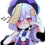  1girl amaya_vtuber bangs bead_necklace beads coin_hair_ornament crying genshin_impact hair_ornament hat highres jewelry jiangshi necklace pink_eyes purple_hair qing_guanmao qiqi_(genshin_impact) solo white_background 