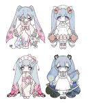 4girls animal_print bear_hair_ornament blue_eyes blue_hair butterfly_print chibi closed_eyes closed_mouth colored_tips dress expressionless flower gradient_hair hair_flower hair_ornament hatsune_miku headdress japanese_clothes kimono long_hair long_sleeves looking_at_viewer multicolored_hair multiple_girls pink_eyes pink_hair starry_night u_emper very_long_hair vocaloid white_background white_dress white_headwear white_kimono wide_sleeves 