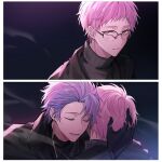  atou_haruki black_gloves black_jacket black_sweater blood blood_on_eyewear closed_eyes commentary_request earrings glasses gloves highres hug jacket jewelry korean_commentary lower_teeth n39_ub open_clothes open_jacket open_mouth pink_eyes pink_hair purple_hair saibou_shinkyoku scar scar_on_neck short_hair smile spoilers suit_jacket sweater teeth theodore_riddle turtleneck turtleneck_sweater 