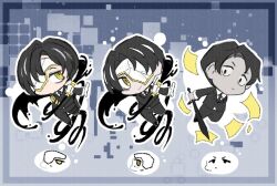  3boys black_eyes black_hair black_jacket black_necktie c0_inu closed_mouth collared_shirt commentary cracked_mask english_commentary full_body holding holding_sword holding_weapon index_(identity)_(project_moon) ink jacket library_of_ruina limbus_company multicolored_hair multiple_boys necktie pages project_moon rien_(project_moon) roland_(project_moon) shirt streaked_hair sword thigh_strap weapon white_mask white_shirt white_streaks yellow_eyes yi_sang_(project_moon) 