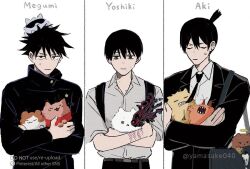  3boys :3 angel_devil_(chainsaw_man) animal animal_on_head animalization backpack bag biting_another's_clothes black_bag black_hair black_jacket black_necktie black_pants blindfold cat cat_on_head chainsaw_man character_name clenched_teeth closed_eyes collared_shirt commentary_request crossed_arms denji_(chainsaw_man) distortion earrings facial_mark fushiguro_megumi gojou_satoru grey_bag grey_eyes hair_between_eyes halo hayakawa_aki hikaru_ga_shinda_natsu holding holding_animal holding_cat holding_ice_cream_cone horns ice_cream_cone indou_hikaru itadori_yuuji jacket jewelry jujutsu_kaisen jujutsu_tech_uniform kugisaki_nobara male_focus mole mole_on_cheek mole_on_neck mole_under_eye mole_under_mouth multiple_boys necktie on_head open_mouth pants ponytail power_(chainsaw_man) red_horns red_pupils red_scarf scarf school_uniform scratches sharp_teeth shirt short_hair short_ponytail shoulder_bag suit_jacket sweatdrop teeth traditional_halo tsujinaka_yoshiki twitter_username white_shirt yamasuke040 