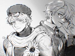  2boys ahoge america_(hetalia) axis_powers_hetalia blush chinese_commentary chromatic_aberration closed_mouth coat collared_shirt commentary_request flower from_side fur_hat glasses greyscale hair_between_eyes hand_up hat highres jacket lapels long_sleeves looking_at_viewer male_focus monochrome multiple_boys necktie open_clothes open_jacket puffy_long_sleeves puffy_sleeves russia_(hetalia) scarf semi-rimless_eyewear shirt short_hair simple_background smile sunflower teeth upper_body usr9999999 
