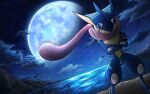  bright_pupils clouds commentary_request crossed_arms greninja legs_apart moon night outdoors pink_eyes pokemon sky standing takanishi_takashi tongue water white_pupils 