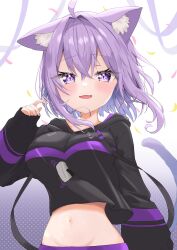  1girl absurdres ahoge animal_collar animal_ear_fluff animal_ears black_collar black_hoodie blush breasts cat_ears cat_girl cat_tail collar commentary_request cropped_hoodie food food_print hair_between_eyes highres hololive hood hood_down hoodie long_sleeves looking_at_viewer midriff minilotte navel nekomata_okayu nekomata_okayu_(1st_costume) onigiri onigiri_print open_mouth purple_hair shirt short_hair simple_background sleeves_past_wrists smile solo stomach tail violet_eyes virtual_youtuber white_background 
