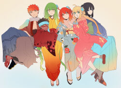  2boys 3girls ahoge aqua_headband artoria_caster_(fate) artoria_pendragon_(fate) black_hair blonde_hair blue_eyes camazotz_(fate) character_request closed_mouth commentary_request dark-skinned_male dark_skin dot_mouth emiya_shirou fate/grand_order fate_(series) floral_print floral_print_kimono fujimaru_ritsuka_(female) full_body green_eyes green_hair headband japanese_clothes kimono kuriimu0203 medium_hair multiple_boys multiple_girls no_mouth obijime one_side_up orange_eyes orange_hair print_kimono senji_muramasa_(fate) short_hair smile spiky_hair tenochtitlan_(fate) yellow_eyes 