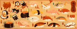  absurdres caviar colored_sclera commentary english_commentary fish_(food) food food_focus highres makizushi original rice shrimp sushi tatami111 tentacles yellow_sclera 