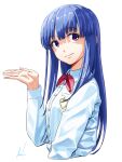  1girl bangs blue_hair blunt_bangs bow bowtie closed_mouth collared_shirt cropped_torso dress_shirt furude_rika highres higurashi_no_naku_koro_ni long_hair long_sleeves looking_at_viewer mac_naut red_bow red_bowtie red_eyes school_uniform shiny shiny_hair shirt signature simple_background smile solo st._lucia_academy_school_uniform straight_hair upper_body very_long_hair white_background white_shirt wing_collar 