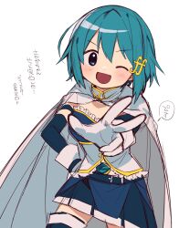  1girl armlet asymmetrical_skirt bare_shoulders belt belt_buckle blue_belt blue_eyes blue_gem blue_hair blue_shirt blue_skirt blue_sleeves buckle buttons cape clothing_cutout collared_cape cowboy_shot detached_sleeves diamond_button dot_nose fortissimo frilled_shirt frills gem gloves gold_buttons hair_between_eyes hair_ornament hairclip hand_on_own_hip happy high_collar highres ikuchi_osutega jewelry leaning_forward light_blush long_sleeves magical_girl mahou_shoujo_madoka_magica mahou_shoujo_madoka_magica_(anime) miki_sayaka miniskirt musical_note musical_note_hair_ornament one_eye_closed open_mouth outstretched_hand pleated_skirt shirt short_hair simple_background skirt smile solo speech_bubble standing stomach_cutout stomach_jewel strapless strapless_shirt tareme thigh-highs thigh_belt thigh_strap translation_request two-tone_shirt v white_background white_cape white_gloves white_shirt white_thighhighs 