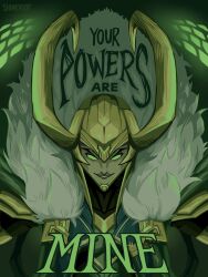  1boy cape colored_sclera commentary english_commentary english_text fake_horns fur-trimmed_cape fur_trim gold_helmet green_sclera green_theme grin helmet highres horned_helmet horns loki_(marvel) male_focus marvel marvel_rivals no_pupils shineriot smile solo thor_(marvel)_(series) upper_body 