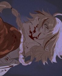  1boy armor blonde_hair blood blood_on_armor blood_on_clothes blood_on_face commentary_request fate/grand_order fate_(series) film_grain highres long_hair looking_at_viewer male_focus multicolored_hair parted_lips portrait_(object) rattail red_eyes red_hair red_streaks richard_i_(fate) side_cape sideways sideways_glance solo streaked_hair y9iii1 