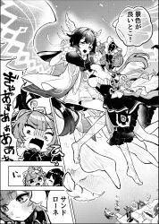  2girls bare_shoulders blush blush_stickers boat bonnet braid braided_bun bun_with_braided_base closed_eyes closed_mouth columbina_(genshin_impact) commentary_request detached_collar detached_sleeves dock dress etmachigaeatx falling_feathers feathers flying genshin_impact gloves hair_bun hair_flaps hair_ornament hair_ribbon head_wings headdress highres holding_hands interlocked_fingers leg_ribbon long_hair long_sidelocks long_sleeves multicolored_hair multiple_girls multiple_wings open_mouth ribbon sandrone_(genshin_impact) scared shaded_face ship short_hair_with_long_locks sidelocks smile speech_bubble streaked_hair surprised translation_request triangle_mouth unusually_open_eyes very_long_hair watercraft winding_key wing_hair_ornament wings wrist_bow yuri 