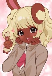 1girl :3 absurdres animal_ears blonde_hair blush bow bowtie brown_eyes buneary cardigan commentary creature_and_personification dark-skinned_female dark_skin hands_on_own_cheeks hands_on_own_face heart highres long_hair long_sleeves looking_at_viewer one_ear_down open_mouth personification pink_background pokemon pokemon_(creature) portrait rabbit_ears rabbit_girl sleeves_past_wrists smile solo teeth twintails upper_teeth_only yamisroot 