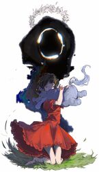  1girl brown_hair closed_eyes command_spell commentary_request dress fate/strange_fake fate_(series) flower_wreath full_body grass holding holding_stuffed_toy kneeling kuruoka_tsubaki pale_rider_(fate) short_hair stuffed_animal stuffed_horse stuffed_toy tadjm 