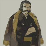  1boy brown_hair brown_jacket commentary_request facial_hair fur-trimmed_jacket fur_trim grey_eyes jacket jacket_on_shoulders japanese_clothes kamado_(pokemon) kimono logo male_focus mustache open_clothes open_jacket parted_lips pokemon pokemon_(game) pokemon_legends:_arceus sash short_hair solo tsuruba_(tsu41014812) yellow_sash 