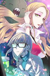  1girl black-framed_eyewear black_choker brown_hair choker coat earrings garbodor glasses green_eyes hand_on_own_ear highres hoop_earrings ivory_(25680nico) jewelry lab_coat long_hair looking_at_viewer looking_up multiple_views oleana_(pokemon) parted_lips pokemon pokemon:_twilight_wings pokemon_(creature) pokemon_swsh red_lips red_nails red_shirt ribbed_sweater shirt slouching sweater trubbish typing white_background white_coat 