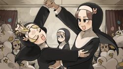  5girls :d animal_ears bird blonde_hair blue_eyes brown_eyes brown_hair chicken clumsy_nun_(diva) commentary dancing dandelion diva_(hyxpk) duck english_commentary flower froggy_nun_(diva) glasses glasses_nun_(diva) hair_ornament hedgehog highres hungry_nun_(diva) little_nuns_(diva) multiple_girls nun rabbit_ears rabbit_hair_ornament round_eyewear smile spicy_nun_(diva) sweat traditional_nun triangle_mouth 