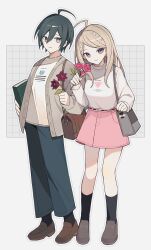  1boy 1girl 2o_oxo absurdres ahoge akamatsu_kaede black_flower black_hair black_pants black_socks blonde_hair brown_jacket brown_shoes danganronpa_(series) danganronpa_v3:_killing_harmony flower hair_ornament highres holding holding_flower jacket long_sleeves miniskirt musical_note musical_note_hair_ornament open_clothes open_jacket pants pink_skirt red_flower saihara_shuichi shoes short_hair skirt smile socks sweater sweater_tucked_in white_sweater 