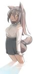  1girl animal_ear_fluff animal_ears bangs black_skirt blush breasts brown_eyes brown_hair collared_shirt comah dress_shirt hair_between_eyes highres long_hair long_sleeves looking_at_viewer open_mouth original pleated_skirt shirt skirt small_breasts solo tail wading water white_background white_shirt 