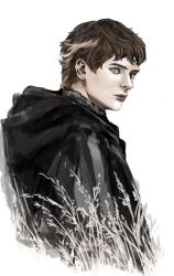  1boy a_knight_of_the_seven_kingdoms a_song_of_ice_and_fire black_cloak brown_eyes brown_hair cloak closed_mouth commentary cropped_torso english_commentary looking_to_the_side male_focus short_hair simple_background solo twitter_username valarr_targaryen wheat white_background yokibear_yok 