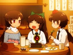  3girls bandana bandana_around_neck bird_wings black_necktie black_skirt black_wings blue_shirt bow brown_hair brown_hat chopsticks closed_eyes closed_mouth collared_shirt commentary_request cowboy_hat cup eating edamame ehoumaki facing_another food food_request frilled_shirt_collar frills green_bow hair_bow hat holding holding_chopsticks indoors kurokoma_saki long_hair long_sleeves looking_at_another makizushi missing_headwear multiple_girls necktie open_mouth plate pointy_ears red_eyes red_hat reiuji_utsuho restaurant shameimaru_aya shirosato shirt skirt smile sushi table third_eye third_eye_on_chest tokin_hat touhou translation_request unworn_headwear very_long_hair white_bandana white_shirt wings yunomi 