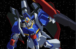  1980s_(style) 1990s_(style) absurdres aeug commentary_request faux_retro_artstyle green_eyes gundam highres kds_(0049) mecha mecha_focus mobile_suit no_humans retro_artstyle robot science_fiction shield sky space star_(sky) v-fin zero_gravity zeta_gundam zeta_gundam_(mobile_suit) 