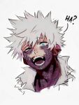  1boy blue_eyes boku_no_hero_academia burn_scar cheek_piercing dabi_(boku_no_hero_academia) highres looking_at_viewer male_focus messy_hair multiple_scars open_mouth piercing portrait scar scar_on_hand scar_on_neck sharl0ck spoilers staple stapled teeth white_background white_hair 