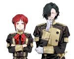  1boy 1girl 91007 black_hair blush double_bun fire_emblem fire_emblem:_three_houses fire_emblem_warriors:_three_hopes garreg_mach_monastery_uniform gloves hair_bun hair_ornament hair_over_one_eye highres hubert_von_vestra long_hair long_sleeves monica_von_ochs open_mouth red_eyes redhead short_hair simple_background single_hair_bun smile uniform upper_body 