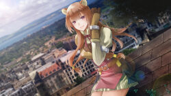  1girl animal_ear_fluff animal_ears arm_support belt black_dress blunt_bangs blunt_ends breasts brown_armor brown_belt brown_gloves brown_hair closed_mouth collared_dress commentary cowboy_shot day double-parted_bangs dress dutch_angle elbow_gloves english_commentary floating_hair glint gloves hair_between_eyes hair_tubes hand_up high_collar leather leather_gloves long_hair long_sleeves looking_at_viewer medium_breasts metal_arm_cuffs metal_hair_tubes metal_wrist_cuffs mikisomeday neck_ribbon open_clothes outdoors photo_background pinstripe_dress pinstripe_pattern raccoon_ears raccoon_girl raphtalia red_dress red_ribbon ribbon short_dress sitting sleeveless sleeveless_dress smile solo straight_hair tate_no_yuusha_no_nariagari two-tone_dress violet_eyes white_dress yellow_trim 
