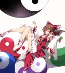  1girl armpits ascot bangs bare_shoulders boots bow breasts brown_hair closed_mouth collared_shirt commentary_request detached_sleeves frills hair_between_eyes hair_ornament hair_tubes hakurei_reimu hand_up highres ichimura_kanata long_hair long_sleeves looking_at_viewer lying medium_breasts ofuda on_back orange_ascot orb red_bow red_eyes red_shirt red_skirt shirt simple_background skirt solo touhou white_background white_footwear wide_sleeves yin_yang yin_yang_orb 