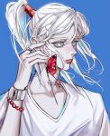  1girl aqua_eyes bracelet bug butterfly butterfly_earrings clock collarbone earrings from_side high_ponytail jewelry long_hair prophet_of_water red_butterfly ring shirt sky:_children_of_the_light solo white_shirt xiaoniaodenanpiao 