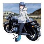  1girl absurdres black_pants blue_footwear blue_hair boots commentary cross-laced_footwear full_body grey_hoodie ground_vehicle highres hood hoodie lace-up_boots motor_vehicle motorcycle pants scarf shima_rin signature solo striped striped_scarf triumph_(motorcycle) violet_eyes yasu_(pixiv) yurucamp 